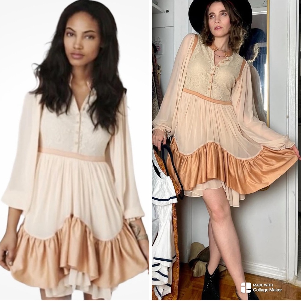 FREE PEOPLE Victorian Peach Dress, Ruffle hem, Layered Lining, Size 4 Cottage